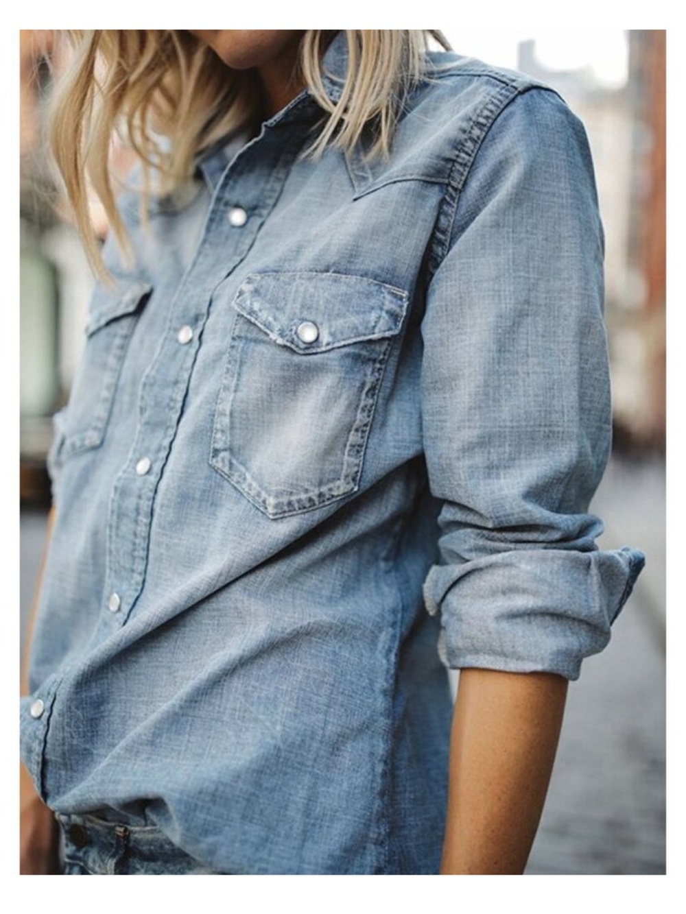 ABLE The Western Shirt Pearl Snap Button Rita Wash Raw Frayed Hem Distressed XL